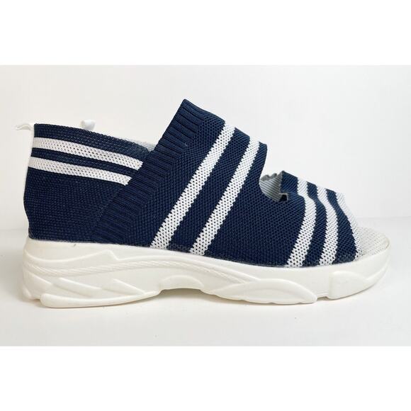 Fish Mouth Knitted Sandals Light Stretch Womens 6.5 Blue White Stripe Slip On - Picture 3 of 8
